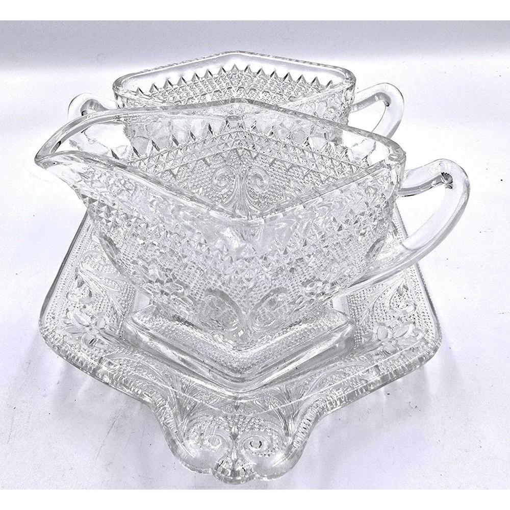 Vintage Clear Glass Embossed Floral Pattern Creamer and Sugar Bowl‎ with Tray